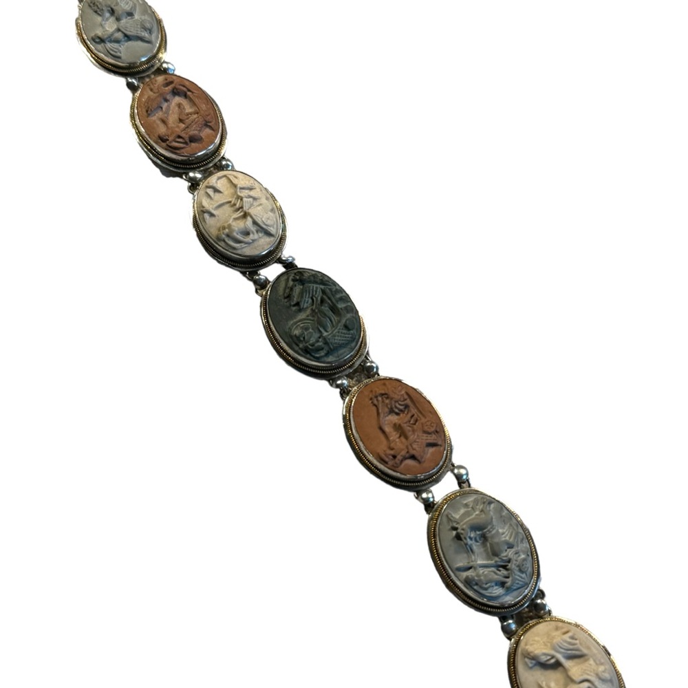 Antique Bracelet Stone Cameo 800 Silver Victorian Lava RARE Seven Days Chariots - Picture 4 of 14